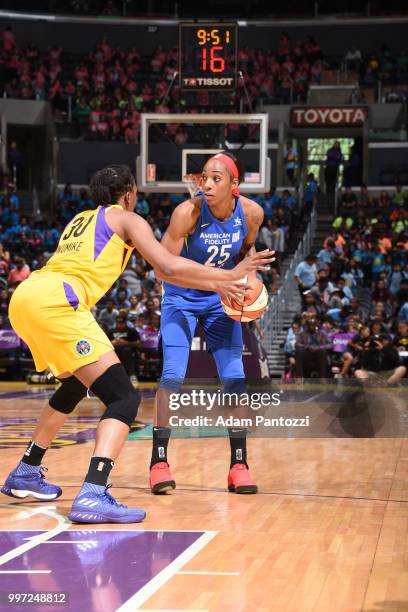 Glory Johnson of the Dallas Wings handles the ball against the Los Angeles Sparks on July 12, 2018 at STAPLES Center in Los Angeles, California. NOTE...