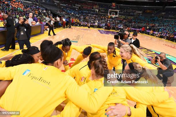 The Los Angeles Sparks huddle before the game against the Dallas Wings on July 12, 2018 at STAPLES Center in Los Angeles, California. NOTE TO USER:...