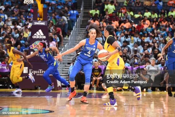 Skylar Diggins-Smith of the Dallas Wings plays defense against the Los Angeles Sparks on July 12, 2018 at STAPLES Center in Los Angeles, California....