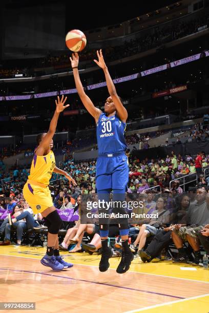 Azura Stevens of the Dallas Wings shoots the ball against the Los Angeles Sparks on July 12, 2018 at STAPLES Center in Los Angeles, California. NOTE...