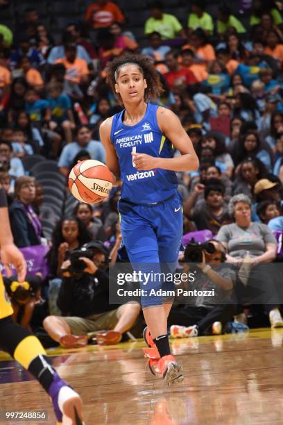 Skylar Diggins-Smith of the Dallas Wings handles the ball against the Los Angeles Sparks n July 12, 2018 at STAPLES Center in Los Angeles,...