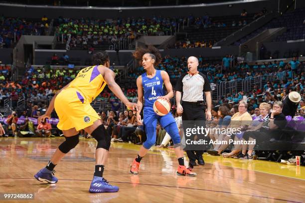 Skylar Diggins-Smith of the Dallas Wings handles the ball against the Los Angeles Sparks n July 12, 2018 at STAPLES Center in Los Angeles,...