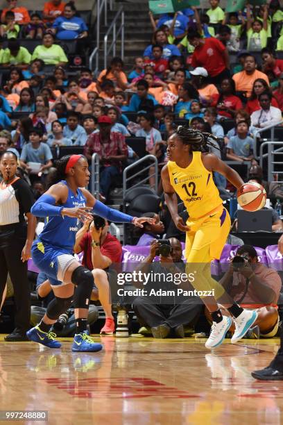 Chelsea Gray of the Los Angeles Sparks handles the ball against the Dallas Wings on July 12, 2018 at STAPLES Center in Los Angeles, California. NOTE...