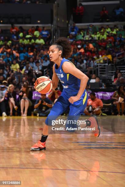 Skylar Diggins-Smith of the Dallas Wings handles the ball against the Los Angeles Sparks n July 12, 2018 at STAPLES Center in Los Angeles,...