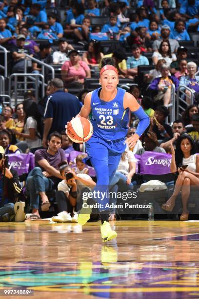 Aerial Powers of the Dallas Wings handles the ball against the Los Angeles Sparks on July 12, 2018 at STAPLES Center in Los Angeles, California. NOTE...