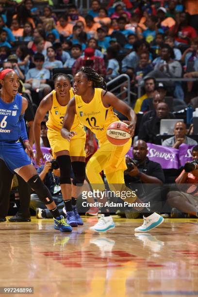 Chelsea Gray of the Los Angeles Sparks handles the ball against the Dallas Wings on July 12, 2018 at STAPLES Center in Los Angeles, California. NOTE...