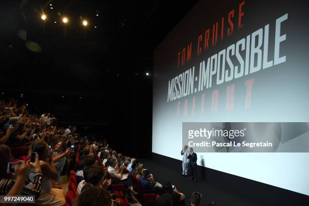 Tom Cruise and Director Christopher McQuarrie attend the Global Premiere of 'Mission: Impossible - Fallout' at Palais de Chaillot on July 12, 2018 in...