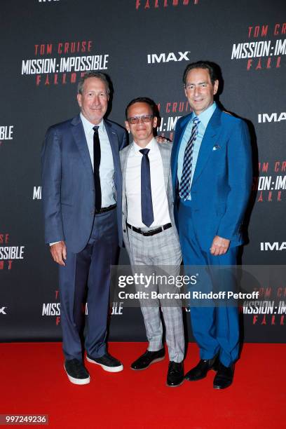 John Compisi, Adam Berkowitz and David Fox attend the Global Premiere of 'Mission: Impossible - Fallout' at Palais de Chaillot on July 12, 2018 in...