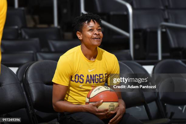 Alana Beard of the Los Angeles Sparks reacts before the game against the Dallas Wings on July 12, 2018 at STAPLES Center in Los Angeles, California....