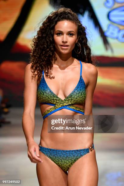 Model walks the runway for Just Bones Boardwear at Miami Swim Week powered by Art Hearts Fashion Swim/Resort 2018/19 at Faena Forum on July 12, 2018...
