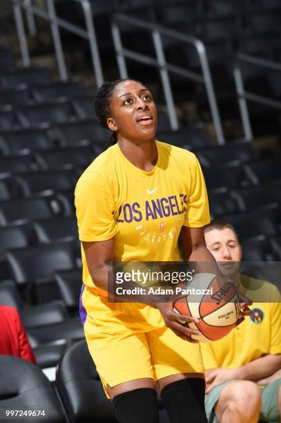 Nneka Ogwumike of the Los Angeles Sparks handles the ball before the game against the Dallas Wings on July 12, 2018 at STAPLES Center in Los Angeles,...