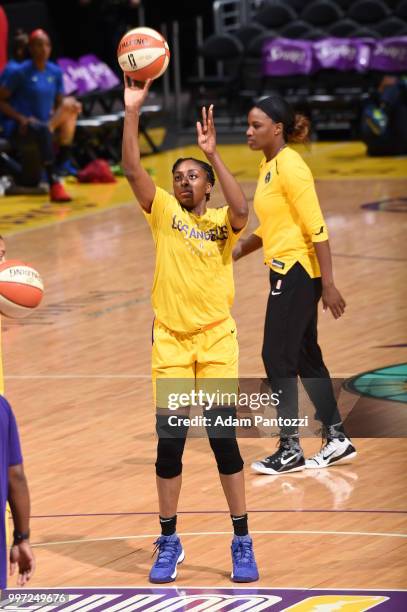 Nneka Ogwumike of the Los Angeles Sparks shoots the ball before the game against the Dallas Wings on July 12, 2018 at STAPLES Center in Los Angeles,...