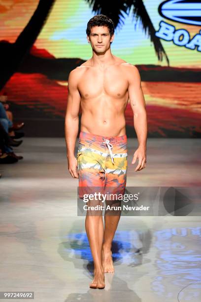 Model walks the runway for Just Bones Boardwear at Miami Swim Week powered by Art Hearts Fashion Swim/Resort 2018/19 at Faena Forum on July 12, 2018...