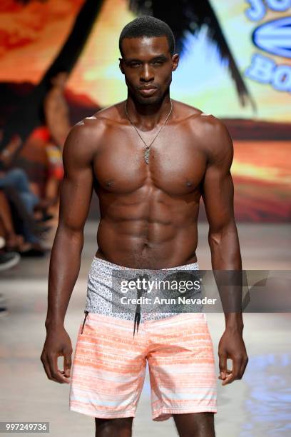 Model walks the runway for Just Bones Boardwear at Miami Swim Week powered by Art Hearts Fashion Swim/Resort 2018/19 at Faena Forum on July 12, 2018...