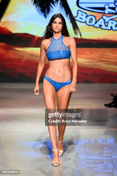 Model walks the runway for Just Bones Boardwear at Miami Swim Week powered by Art Hearts Fashion Swim/Resort 2018/19 at Faena Forum on July 12, 2018...