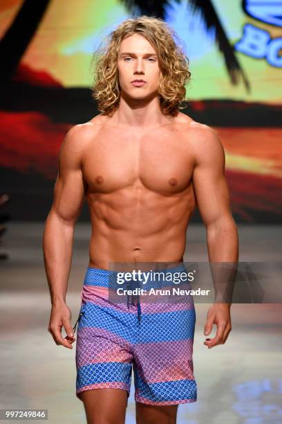 Model walks the runway for Just Bones Boardwear at Miami Swim Week powered by Art Hearts Fashion Swim/Resort 2018/19 at Faena Forum on July 12, 2018...