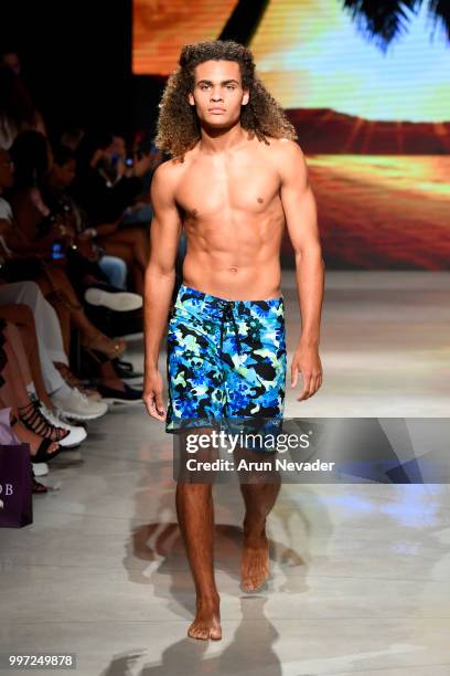 Model walks the runway for Just Bones Boardwear at Miami Swim Week powered by Art Hearts Fashion Swim/Resort 2018/19 at Faena Forum on July 12, 2018...