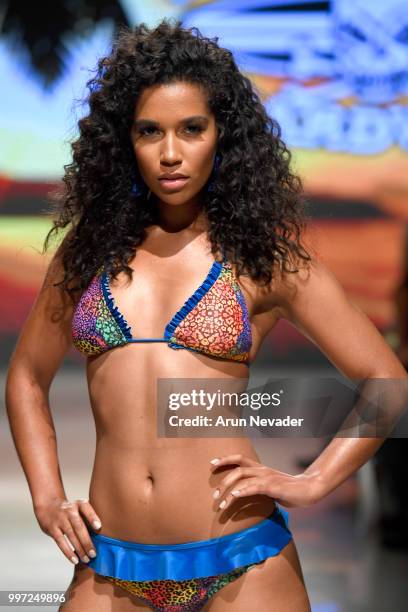 Model walks the runway for Just Bones Boardwear at Miami Swim Week powered by Art Hearts Fashion Swim/Resort 2018/19 at Faena Forum on July 12, 2018...