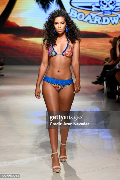 Model walks the runway for Just Bones Boardwear at Miami Swim Week powered by Art Hearts Fashion Swim/Resort 2018/19 at Faena Forum on July 12, 2018...