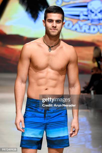 Model walks the runway for Just Bones Boardwear at Miami Swim Week powered by Art Hearts Fashion Swim/Resort 2018/19 at Faena Forum on July 12, 2018...