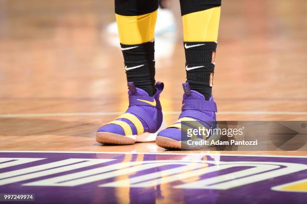 Sneakers of Odyssey Sims of the Los Angeles Sparks seen during the game against the Dallas Wings on July 12, 2018 at STAPLES Center in Los Angeles,...