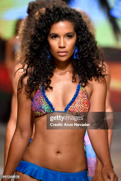 Model walks the runway for Just Bones Boardwear at Miami Swim Week powered by Art Hearts Fashion Swim/Resort 2018/19 at Faena Forum on July 12, 2018...