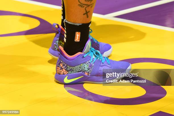 Sneakers of Riquna Williams of the Los Angeles Sparks seen during the game against the Dallas Wings on July 12, 2018 at STAPLES Center in Los...