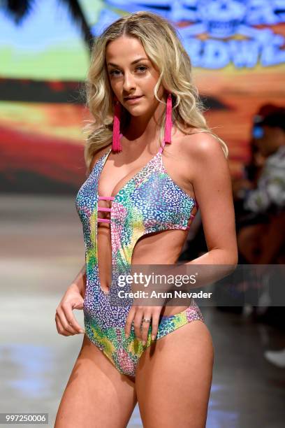 Model walks the runway for Just Bones Boardwear at Miami Swim Week powered by Art Hearts Fashion Swim/Resort 2018/19 at Faena Forum on July 12, 2018...