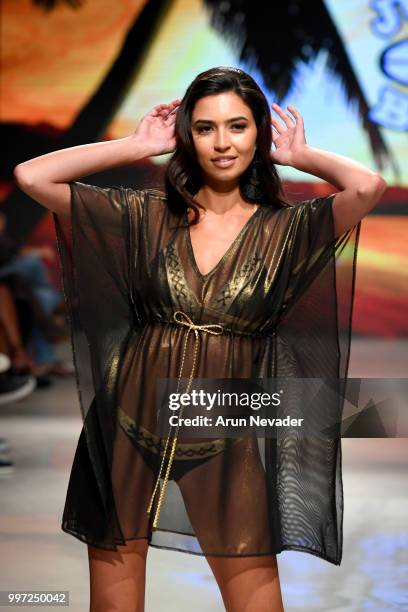 Model walks the runway for Just Bones Boardwear at Miami Swim Week powered by Art Hearts Fashion Swim/Resort 2018/19 at Faena Forum on July 12, 2018...