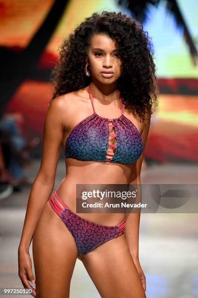 Model walks the runway for Just Bones Boardwear at Miami Swim Week powered by Art Hearts Fashion Swim/Resort 2018/19 at Faena Forum on July 12, 2018...