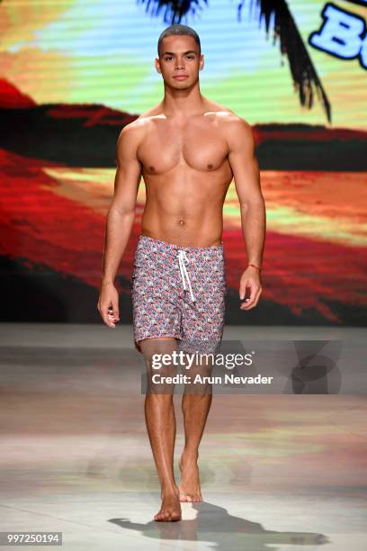 Model walks the runway for Just Bones Boardwear at Miami Swim Week powered by Art Hearts Fashion Swim/Resort 2018/19 at Faena Forum on July 12, 2018...