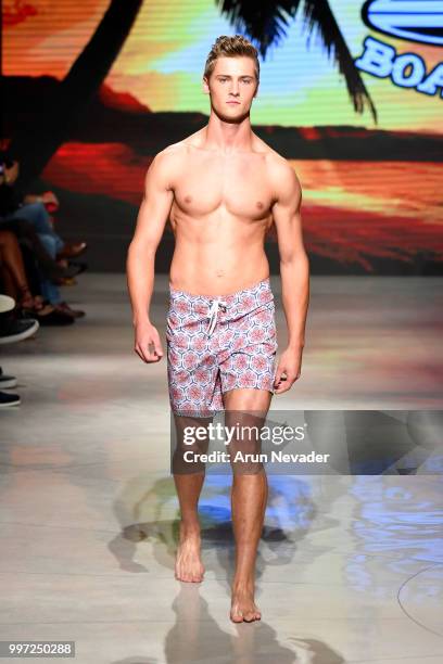 Model walks the runway for Just Bones Boardwear at Miami Swim Week powered by Art Hearts Fashion Swim/Resort 2018/19 at Faena Forum on July 12, 2018...