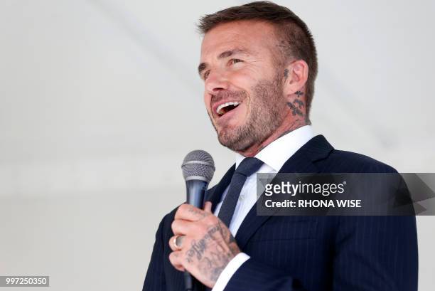 David Beckham addresses fans at a rally in support of building a Major League Soccer stadium on public land in Miami, Florida on July 12, 2018. -...