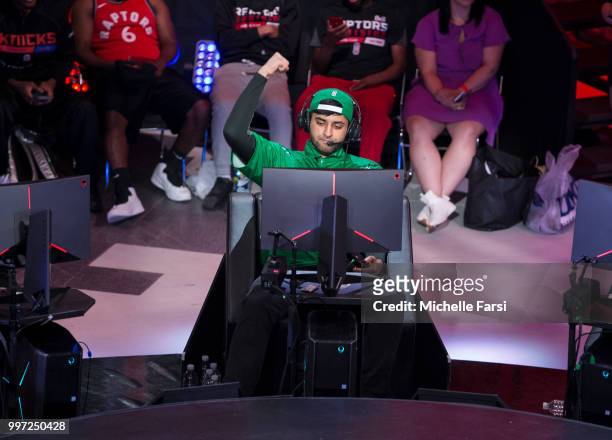 Mel East of Celtics Crossover Gaming reacts during game against Grizz Gaming during Day 1 of The Ticket Tournament for the NBA 2K League on July 12,...