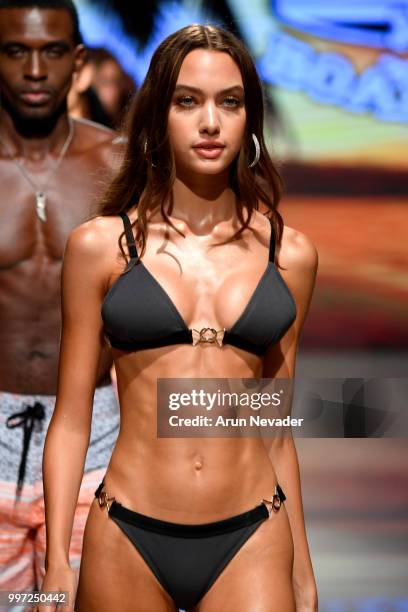 Model walks the runway for Just Bones Boardwear at Miami Swim Week powered by Art Hearts Fashion Swim/Resort 2018/19 at Faena Forum on July 12, 2018...