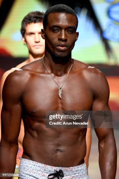 Model walks the runway for Just Bones Boardwear at Miami Swim Week powered by Art Hearts Fashion Swim/Resort 2018/19 at Faena Forum on July 12, 2018...