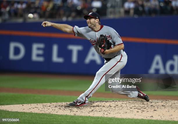 Max Scherzer of the Washington Nationals pitches against the New York Mets during their game at Citi Field on July 12, 2018 in New York City.