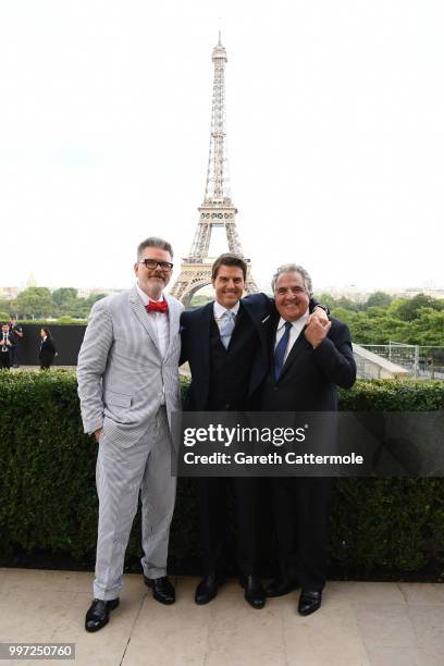 Director Christopher McQuarrie, Tom Cruise and Jim Gianopulos attend the Global Premiere of 'Mission: Impossible - Fallout' at Palais de Chaillot on...