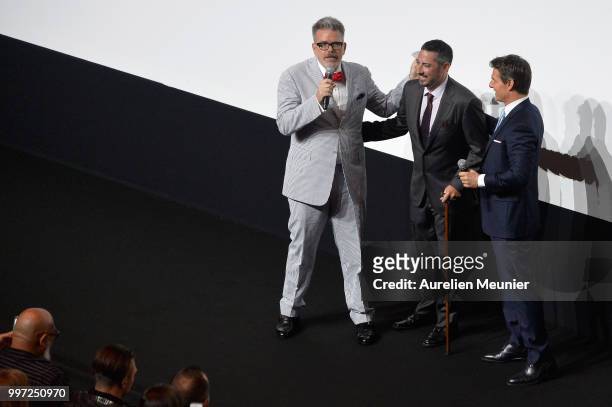 Director Christopher McQuarrie, Jake Myers and Tom Cruise attend the Global Premiere of 'Mission: Impossible - Fallout' at Palais de Chaillot on July...