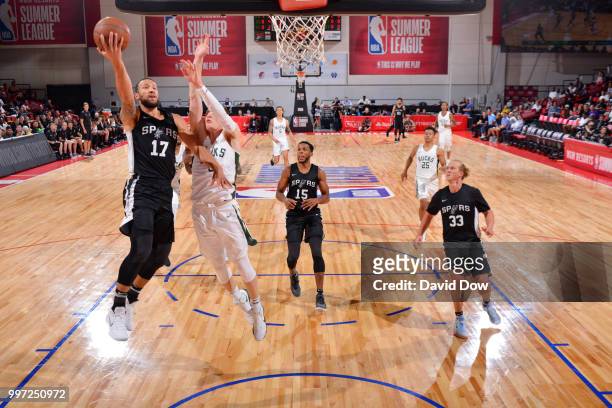 Trey McKinney-Jones of the San Antonio Spurs shoots the ball against the Milwaukee Bucks during the 2018 Las Vegas Summer League on July 12, 2018 at...