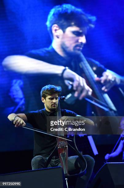 Luka Sulic of 2Cellos performs on stage during Day 3 of Kew The Music at Kew Gardens on July 12, 2018 in London, England.