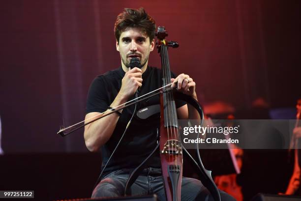 Luka Sulic of 2Cellos performs on stage during Day 3 of Kew The Music at Kew Gardens on July 12, 2018 in London, England.