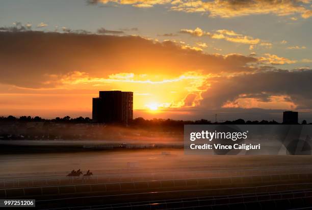 General view of trackwork in the early morning fog at Flemington Racecourse on July 13, 2018 in Melbourne, Australia.