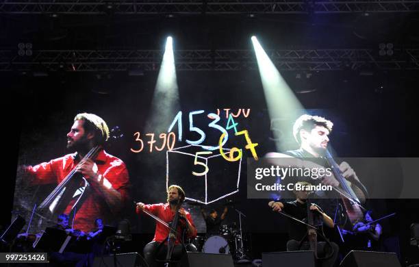 Stjepan Hauser and Luka Sulic of 2Cellos perform on stage during Day 3 of Kew The Music at Kew Gardens on July 12, 2018 in London, England.