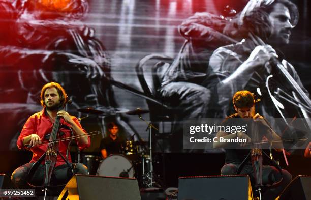 Stjepan Hauser and Luka Sulic of 2Cellos perform on stage during Day 3 of Kew The Music at Kew Gardens on July 12, 2018 in London, England.