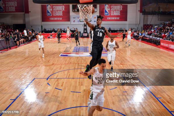 Lonnie Walker IV of the San Antonio Spurs shoots the ball against the Milwaukee Bucks during the 2018 Las Vegas Summer League on July 12, 2018 at the...