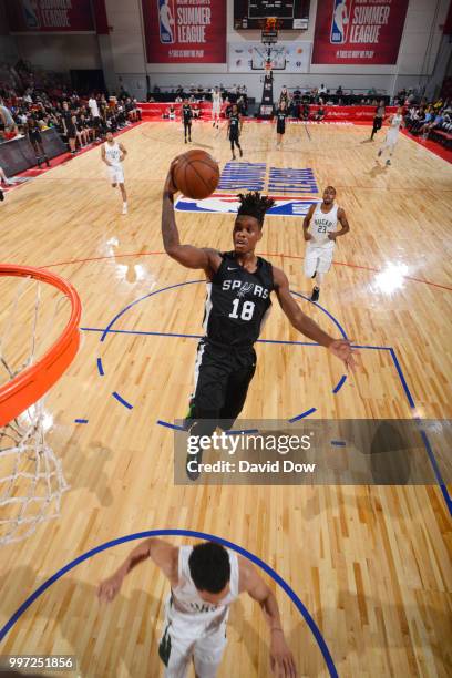 Lonnie Walker IV of the San Antonio Spurs shoots the ball against the Milwaukee Bucks during the 2018 Las Vegas Summer League on July 12, 2018 at the...