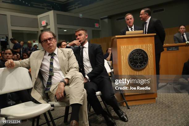 Architect Bernardo Fort-Brescia, David Beckham, Jorge Mas and Richard Perez attend a pubic hearing at the Miami City Hall about building a Major...