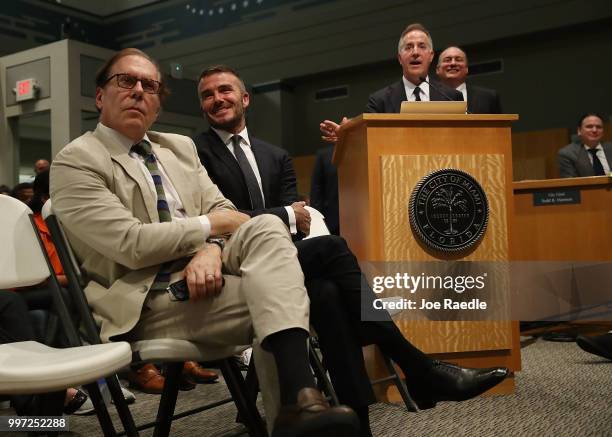 Architect Bernardo Fort-Brescia, David Beckham, Jorge Mas and Richard Perez attend a pubic hearing at the Miami City Hall about building a Major...