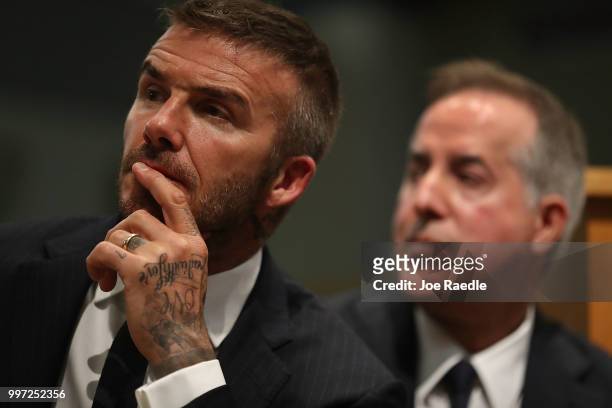 David Beckham and Jorge Mas attend a meeting at the City of Miami City Hall about building a Major League soccer stadium on a public golf course on...